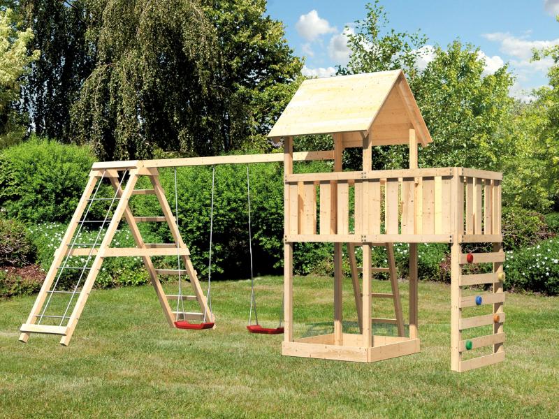 Karibu Spielturm Lotti Satteldach + Doppelschaukelanbau Klettergerüst + Anbauplattform + Kletterwand