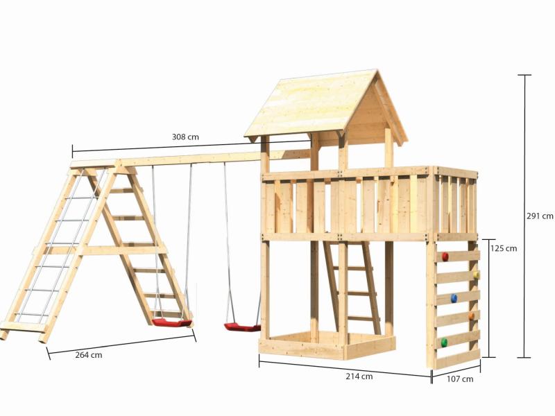 Karibu Spielturm Lotti Satteldach + Doppelschaukelanbau Klettergerüst + Anbauplattform + Kletterwand