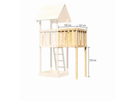 Karibu Spielturm Lotti Satteldach + Doppelschaukelanbau Klettergerüst + Anbauplattform + Kletterwand
