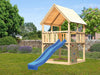 Karibu Spielturm Luis Satteldach + Rutsche blau + Kletterwand