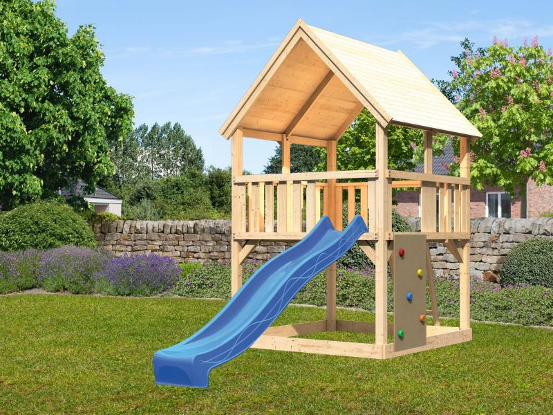 Karibu Spielturm Luis Satteldach + Rutsche blau + Kletterwand