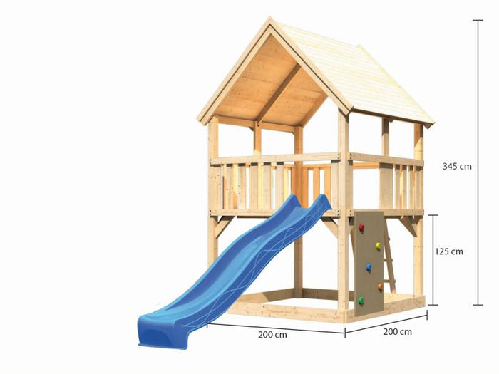 Karibu Spielturm Luis Satteldach + Rutsche blau + Kletterwand