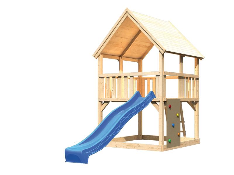 Karibu Spielturm Luis Satteldach + Rutsche blau + Kletterwand