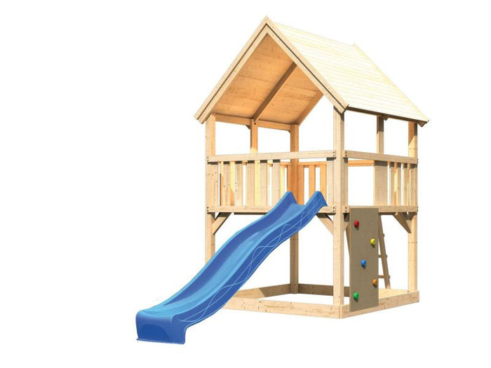 Karibu Spielturm Luis Satteldach + Rutsche blau + Kletterwand