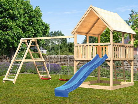 Karibu Spielturm Luis Satteldach + Rutsche blau + Doppelschaukelanbau Klettergerüst