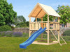 Karibu Spielturm Luis Satteldach + Rutsche blau + Netzrampe