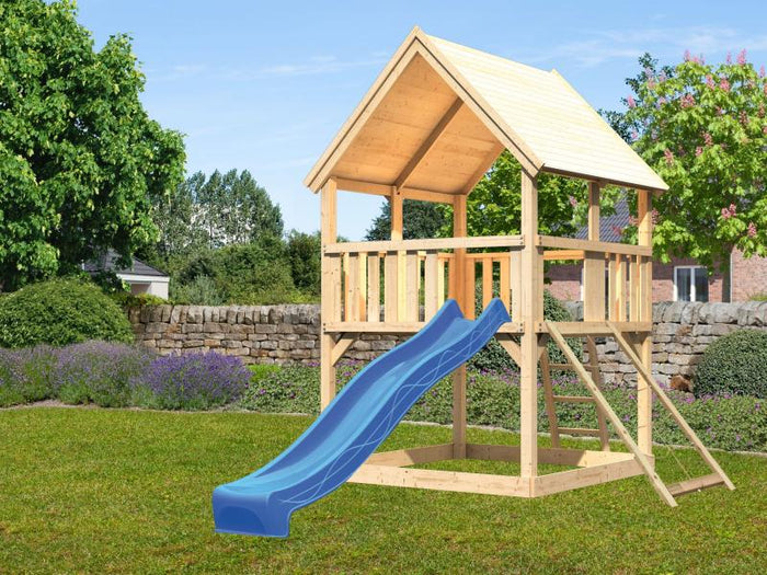 Karibu Spielturm Luis Satteldach + Rutsche blau + Netzrampe