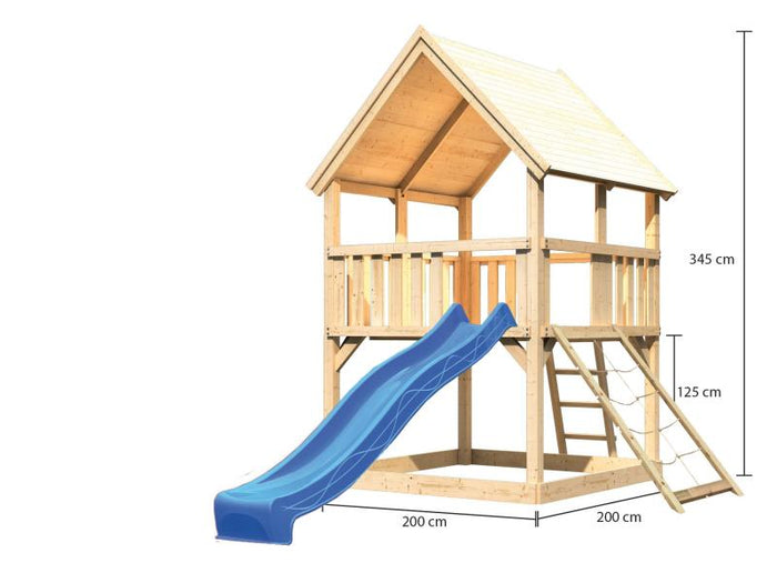 Karibu Spielturm Luis Satteldach + Rutsche blau + Netzrampe
