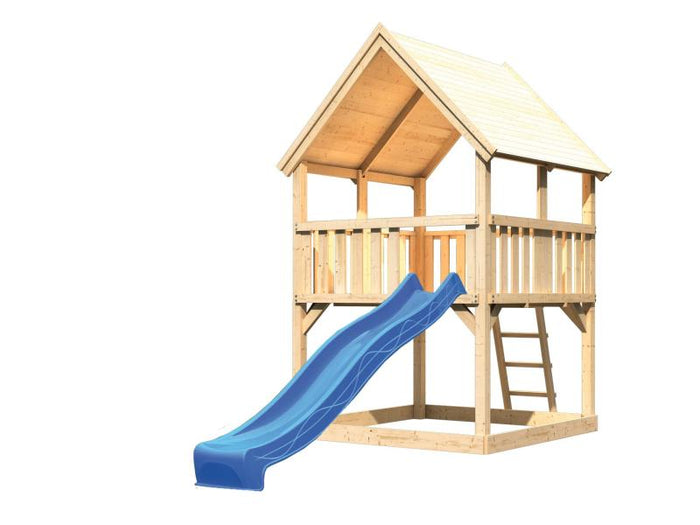 Karibu Spielturm Luis Satteldach + Rutsche blau