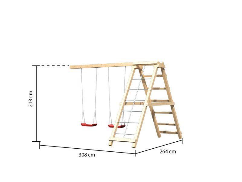 Karibu Spielturm Luis Satteldach + Rutsche rot + Doppelschaukelanbau Klettergerüst + Netzrampe