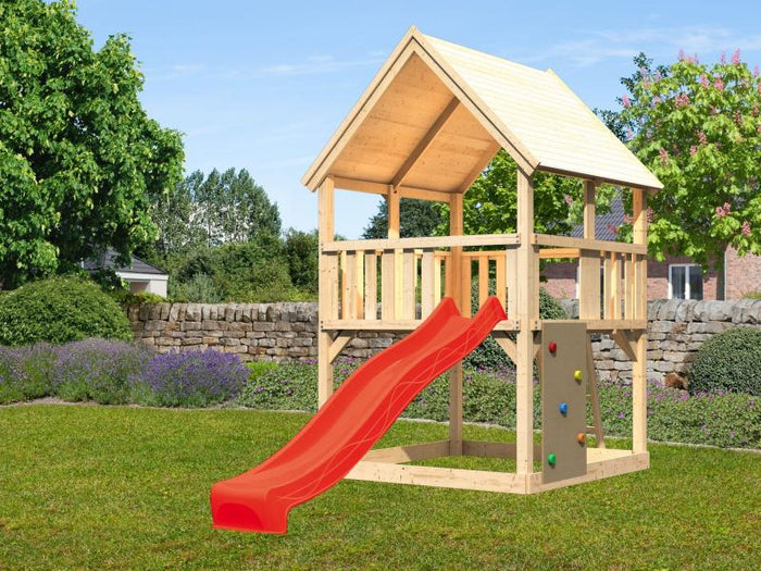 Karibu Spielturm Luis Satteldach + Rutsche rot + Kletterwand