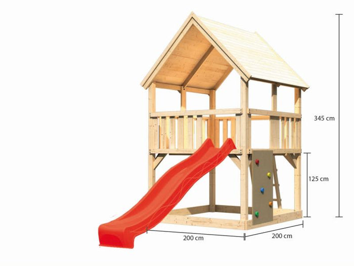 Karibu Spielturm Luis Satteldach + Rutsche rot + Kletterwand