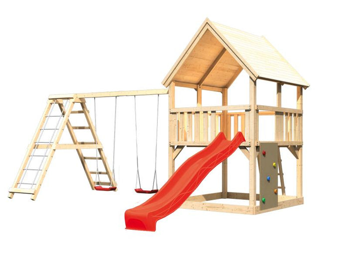 Karibu Spielturm Luis Satteldach + Rutsche rot + Doppelschaukelanbau Klettergerüst + Kletterwand