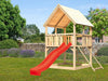 Karibu Spielturm Luis Satteldach + Rutsche rot + Netzrampe