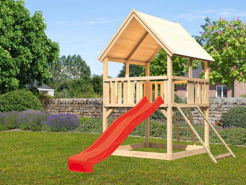 Karibu Spielturm Luis Satteldach + Rutsche rot + Netzrampe
