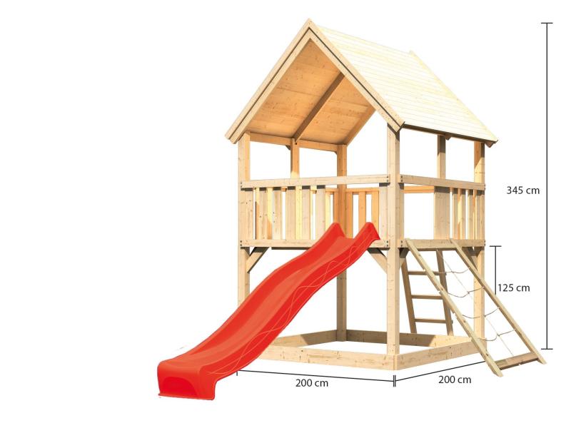 Karibu Spielturm Luis Satteldach + Rutsche rot + Netzrampe
