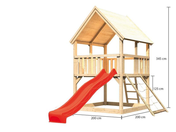 Karibu Spielturm Luis Satteldach + Rutsche rot + Netzrampe