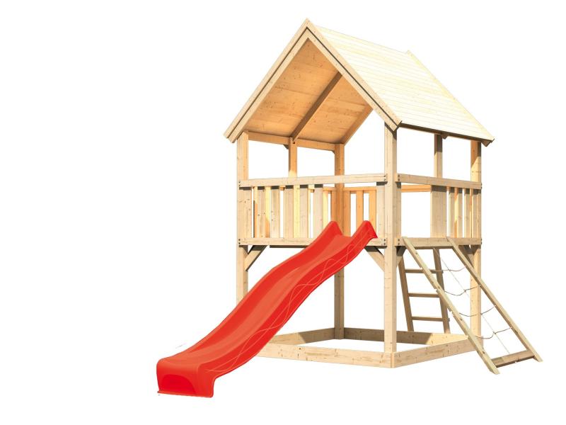 Karibu Spielturm Luis Satteldach + Rutsche rot + Netzrampe