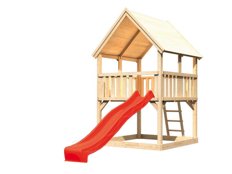 Karibu Spielturm Luis Satteldach + Rutsche rot