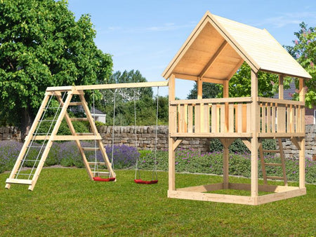 Karibu Spielturm Luis Satteldach + Doppelschaukelanbau Klettergerüst