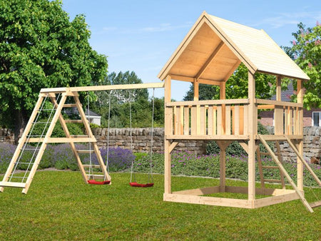 Karibu Spielturm Luis Satteldach + Doppelschaukelanbau Klettergerüst + Netzrampe