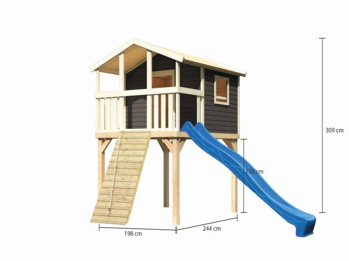 Karibu Stelzenhaus Benjamin terragrau + Rutsche blau + Holzrampe