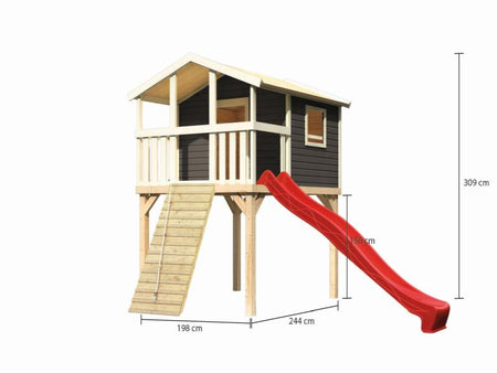 Karibu Stelzenhaus Benjamin terragrau + Rutsche rot + Holzrampe