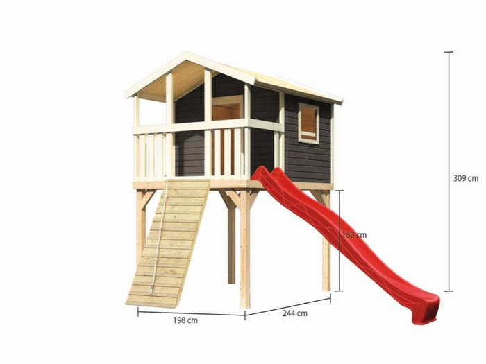 Karibu Stelzenhaus Benjamin terragrau + Rutsche rot + Holzrampe