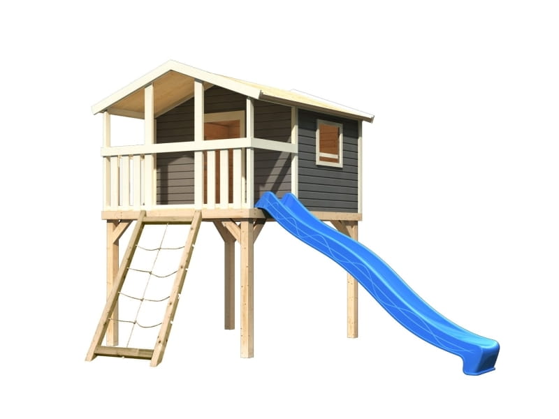 Karibu Stelzenhaus Benjamin terragrau mit Netzrampe und Rutsche in blau