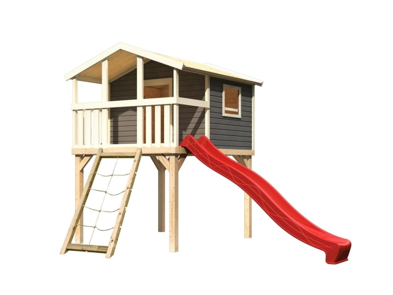Karibu Stelzenhaus Benjamin terragrau mit Netzrampe und Rutsche in rot