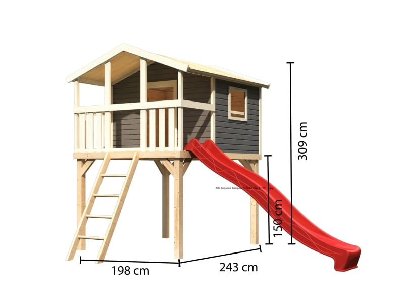 Karibu Stelzenhaus Benjamin terragrau mit Rutsche in rot