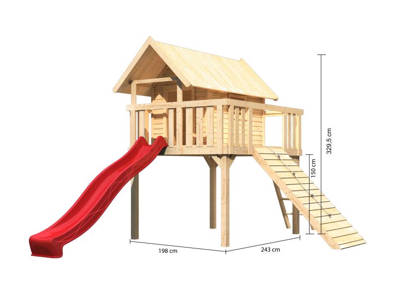 Karibu Stelzenhaus Fidel naturbelassen + Rutsche rot + Holzrampe