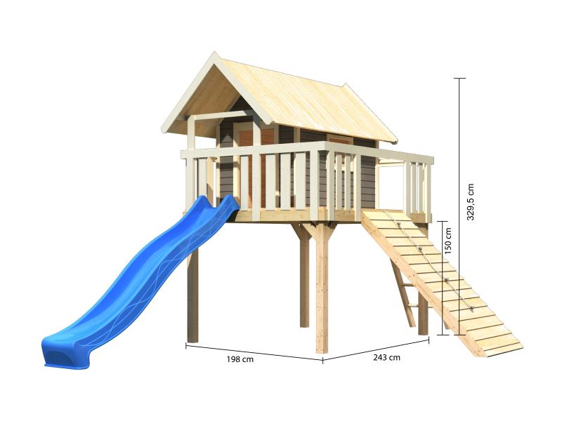 Karibu Stelzenhaus Fidel terragrau + Rutsche blau + Holzrampe