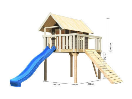 Karibu Stelzenhaus Fidel terragrau + Rutsche blau + Holzrampe