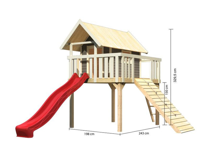Karibu Stelzenhaus Fidel terragrau + Rutsche rot + Holzrampe