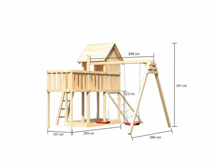 Karibu Stelzenhaus Frieda + Doppelschaukel + Anbauplattform + Netzrampe