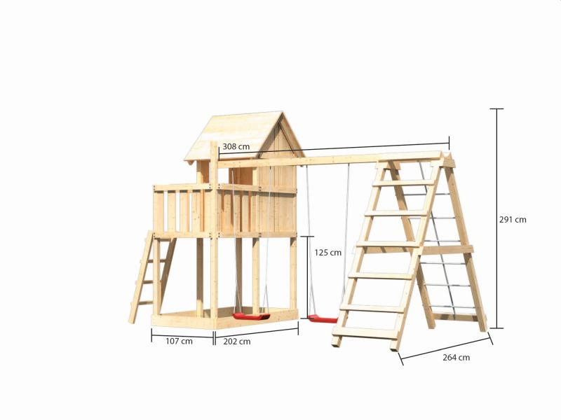 Karibu Stelzenhaus Frieda + Doppelschaukelanbau Klettergerüst