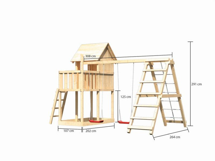 Karibu Stelzenhaus Frieda + Doppelschaukelanbau Klettergerüst