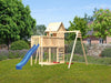 Karibu Stelzenhaus Frieda + Rutsche blau + Doppelschaukel + Anbauplattform + Kletterwand