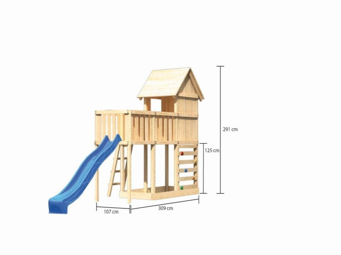 Karibu Stelzenhaus Frieda + Rutsche blau + Anbauplattform + Kletterwand