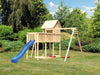 Karibu Stelzenhaus Frieda + Rutsche blau + Doppelschaukel + Anbauplattform