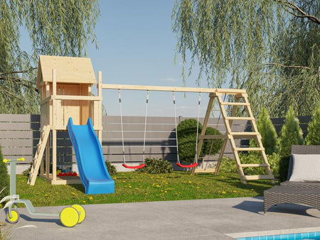 Karibu Stelzenhaus Frieda + Rutsche blau + Doppelschaukelanbau Klettergerüst