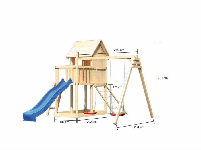 Karibu Stelzenhaus Frieda + Rutsche blau + Doppelschaukel + Netzrampe