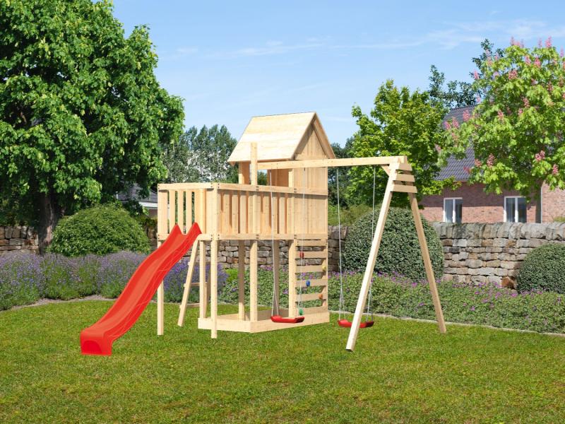Karibu Stelzenhaus Frieda + Rutsche rot + Doppelschaukel + Anbauplattform + Kletterwand