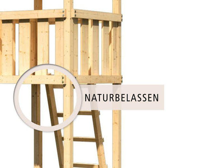 Karibu Stelzenhaus Frieda + Rutsche rot + Doppelschaukel + Anbauplattform + Kletterwand