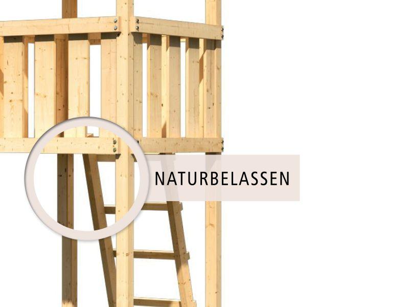 Karibu Stelzenhaus Frieda + Rutsche rot + Doppelschaukel Klettergerüst + Anbauplattform + Kletterwan