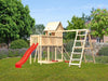 Karibu Stelzenhaus Frieda + Rutsche rot + Doppelschaukel Klettergerüst + Anbauplattform + Netzrampe