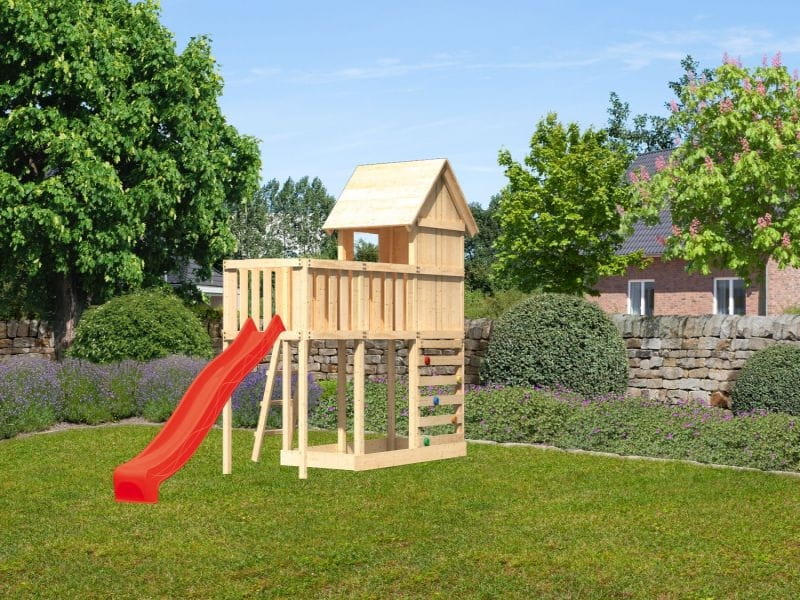 Karibu Stelzenhaus Frieda + Rutsche rot + Anbauplattform + Kletterwand