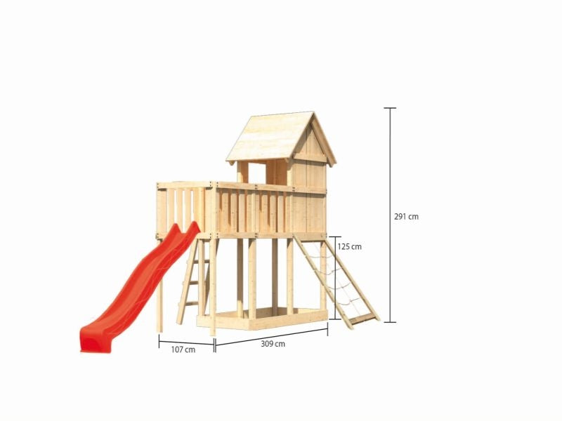 Karibu Stelzenhaus Frieda + Rutsche rot + Anbauplattform + Netzrampe