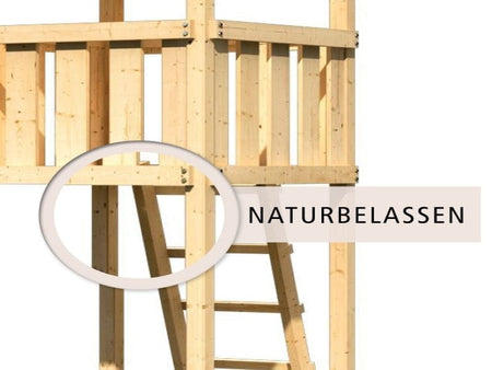 Karibu Stelzenhaus Frieda + Rutsche rot + Anbauplattform + Netzrampe